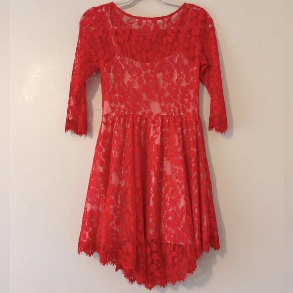 Free People Red Lace Mesh Dress Built In Under Slip With Adjustable Straps Sz 2 - Picture 3 of 10